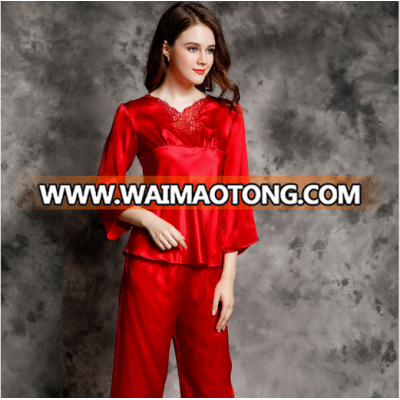 Long Sleeved Silk Pyjamas Ladies 100% Silk Two-piece Home Dress Lace Suit